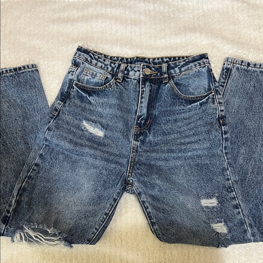 High-Rise Distressed Blue Denim Mom Jeans